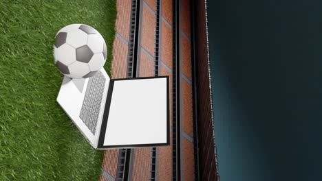 Laptop-whitescreen-template-football-ball-in-soccer-field,-3d-animation,-vertical
