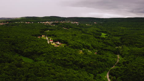 Aerial-drone-landscape-view-of-a-road-and-a-village-surrounded-by-a-Romanian-forest,-on-a-windy-day