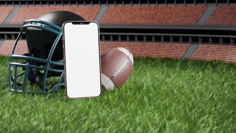 Smartphone-with-white-screen-in-front-of-American-football-and-helmet-on-green-field---3D-render-tilt-up-animation