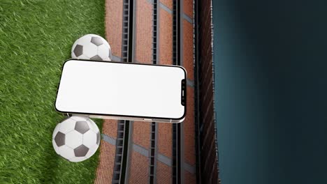 Smartphone-blank-screen-mockup-in-soccer-stadium-with-football-balls,-3d-vertical-render