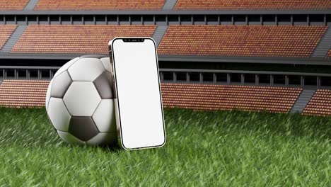 Cellphone-with-white-screen-leans-agains-soccer-ball-on-green-field