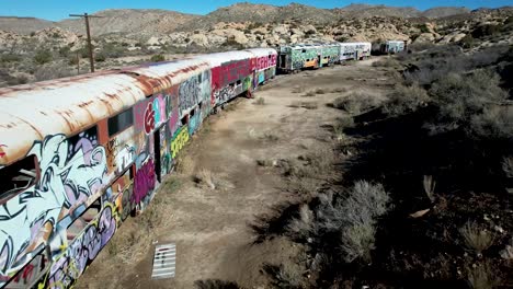 Graffiti-Covered-Train-Cars-left-behind-on-abandoned-railroad-tracks