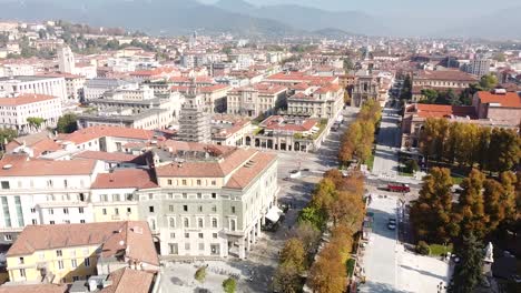 Iconic-Italian-buildings-in-Bergamo-downtown,-aerial-drone-view