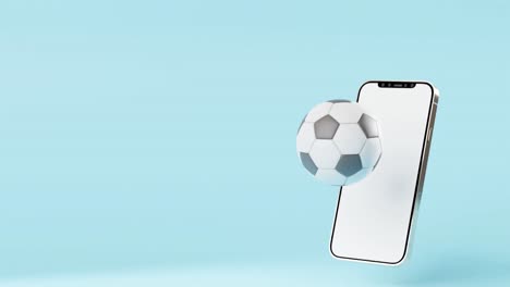 Modern-smartphone-with-white-screen-and-rotating-football-ball-appears-from-bottom-of-screen-onto-blue-background---3D-render,-animation