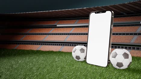 Two-footballs-roll-and-stop-next-to-smartphone-with-white-screen-on-field,-3D