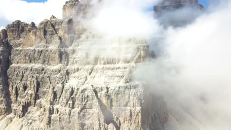 Close-up-Aerial-of-a-Limestone-Mountain-Peak-Tre-Cime,-Dolomites,-Alps,-Sud-Tirol,-Italy
