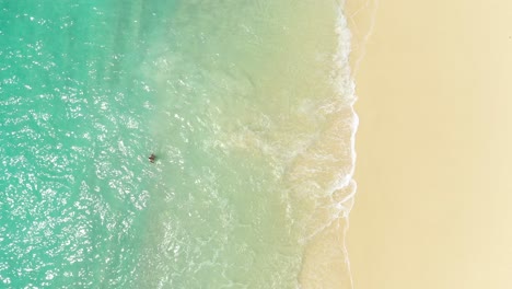 Luftaufnahme-Einer-Frau-Im-Weißen-Badeanzug,-Die-Vom-Schönen-Klaren-Türkisfarbenen-Wasser-Zum-Strand-In-Indonesien-Geht