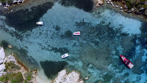 Top-Down-Aerial-Drone-View-of-Beautiful-Small-Cala-in-Caprera-Coastline-in-Sardinia,-Italy