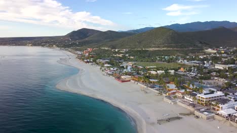 Tourist-Spot---Tropical-Beach-Town-of-Baja,-Mexico-near-California-Big-Sur,-Aerial-Drone-Establishing-view