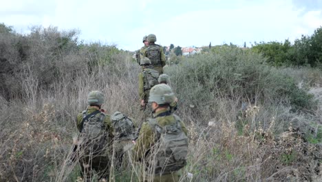 IDF-Golani-Brigade-infantry-soldiers-moving-on-bushy-terrain,-Golan-heights,-Syria
