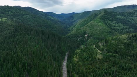 Aerial-View-Of-Mountain-River,-Mountains-Covered-With-Coniferous-Trees---drone-shot
