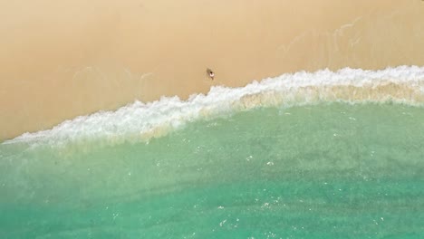 Aerial-view-of-woman-in-white-swimsuit-walking-on-sandy-beach-into-clear-turquoise-water-at-tropical-island-in-Indonesia