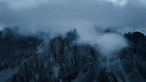 Aerial-drone-footage-of-moody-mountains-in-the-Dolomites