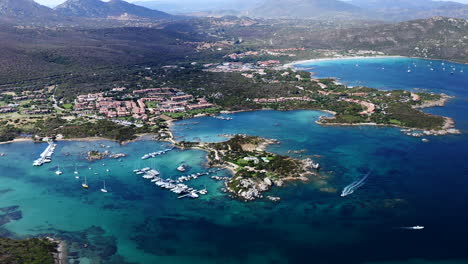 Aerial-Drone-View-Of-Aranci-Gulf-Yacht-Port,-Emerald-Coast,-Sardinia,-Italy