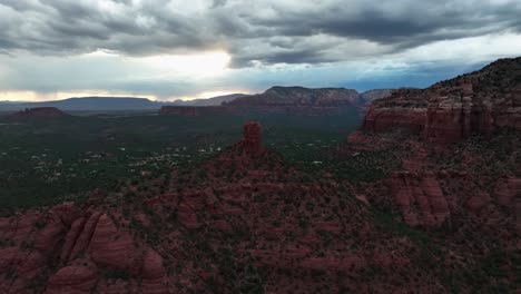 Aerial-View-Of-Red-Rock-Mountains-Of-Sedona-In-Arizona-At-Sunset---drone-shot