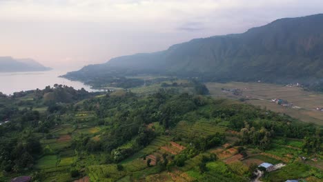 Aerial-shot-flying-over-plantations-and-fields-below-big-hills-on-Samosir-Island-in-Lake-Toba-in-North-Sumatra,-Indonesia