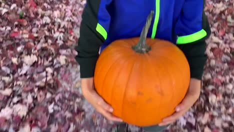 Child-carrying-a-large-pumpkin-with-two-hands-and-walking-over-autumn-leaves-covering-the-ground