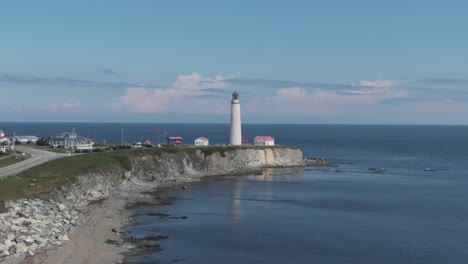 Blue-Sky-Over-The-Famous-And-Tallest-Lighthouse-Of-Cap-des-Rosiers-In-Gaspe-Peninsula-By-The-Saint-Lawrence-River-In-Quebec,-Canada