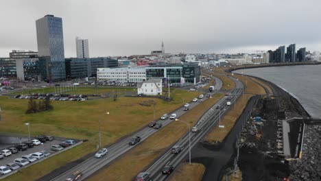 Aerial-view-of-Reykjavik-rooftops-and-roads-in-Iceland