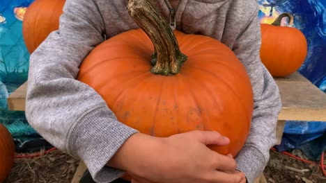 Child-sitting-on-a-wooden-bench-holding-an-orange-pumpkin-on-lap
