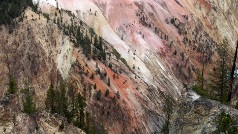 Pan-across-salmon-colored-canyon-wall-in-the-Grand-Canyon-of-Yellowstone