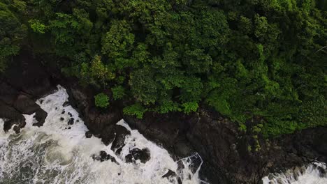 Top-view-islands-green-treetop-canopy-coastline-tide-splashing-rocky-landscape-aerial-view-moving-inland
