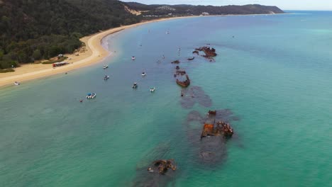 Aerial-view:-popular-Tangalooma-shipwrecks-off-Moreton-Island-coast,-Australia