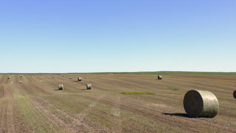 Hay-Bales-On-The-Vast-Farm-In-Saskatchewan,-Canada---wide-drone-shot