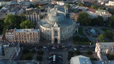 Ukraine---Famous-Tourist-Spot,-Odessa-City-Opera-Theatre,-Aerial-Drone-Tilt-upReveal