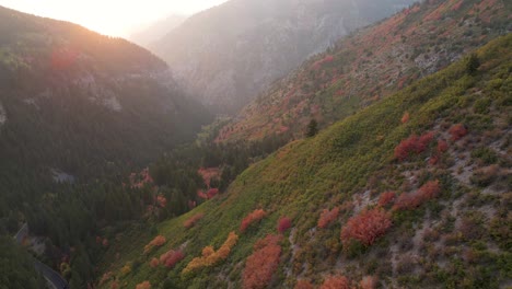 Utah-Sunset-Landscape---Canyon-during-Fall-Season-with-Autumn-Colors-on-Leaves---Trees,-Aerial-Drone