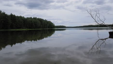 Hermosos-Reflejos-Naturales-Del-Lago-Sereno-En-Un-Día-Nublado-En-Pradzonka,-Norte-De-Polonia---Toma-Amplia