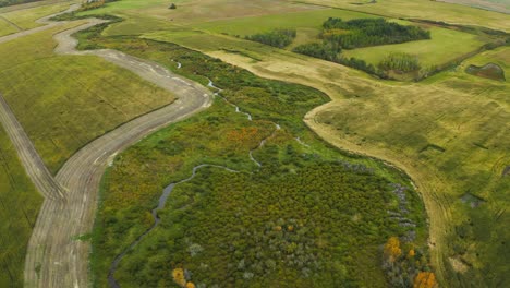 A-small-creek-runs-through-a-marshy-wildlife-area-surrounded-by-crops