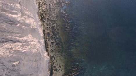 Patagonische-Küste-Mit-Klippen,-Felsen,-Sandstrand-Und-Meer---Luftbild-Von-Oben-Nach-Unten