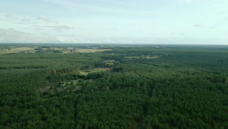 Aerial-view-of-Polish-countryside-with-large-green-forest-and-farm-buildings