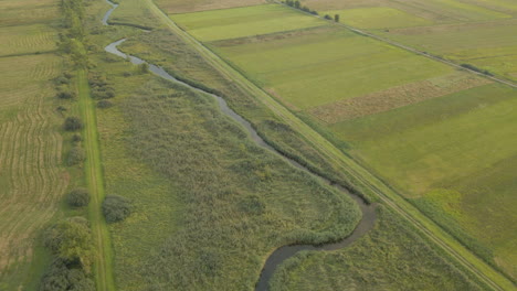 Aerial-view-of-agriculture-fields-and-flowing-stream-during-beautiful-summer-day