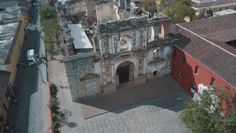 Drone-aerial-view-of-historical-ruins-in-Antigua-Guatemala