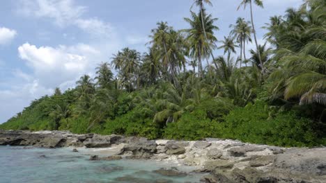 Ultra-slow-motion-shot-of-rocky-shore-with-palm-trees-and-clear-blue-water-at-Asu-Island,-North-Sumatra,-Indonesia---camera-pan-left