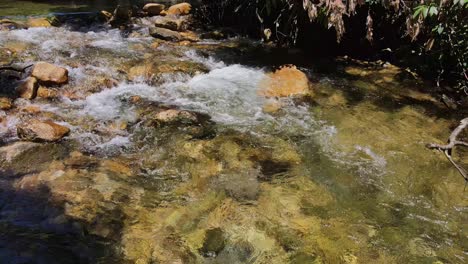 Schwenk-über-Ein-Flussbett-Mit-Wasser,-Das-Sanft-Durch-Einen-Dschungelregenwald-Mit-Starkem-Sonnenlicht-Und-Einem-Felsigen-Flussbett-Fließt