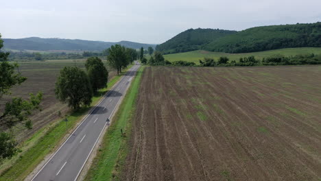 Drone-flying-along-a-2-lane-road-with-trees-in-the-side