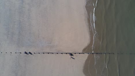 Sonnige-Luftaufnahme-Mit-Blick-Auf-Den-Goldenen-Sandstrand-Und-Die-Teilung-Der-Meereswellen-Mit-Touristen
