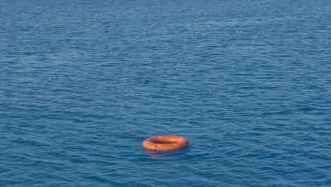 A-single-red-life-preserver-floats-in-the-open-water