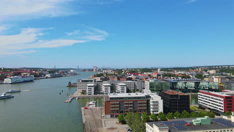 City-Buildings-Along-The-Beautiful-Coastline-Of-Gothenburg,-Sweden---aerial-shot