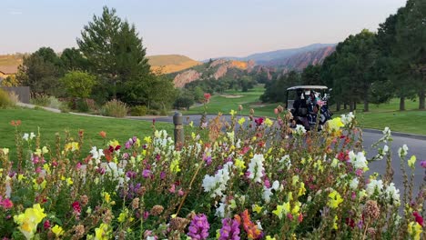Golfers-riding-past-a-large-display-of-flowers,-as-the-camera-rises-to-reveal-a-scenic-downhill-hole,-with-red-rock-formations-in-the-background