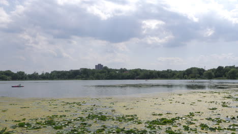 Urban-Lake-With-Lily-Pads-And-Small-Boats-In-The-Distance