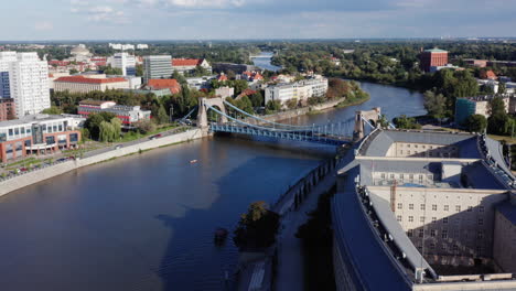 Aerial-shot-of-the-river-Oder-in-Wroclaw,-Poland,-flying-towards-the-Grunwald-bridge