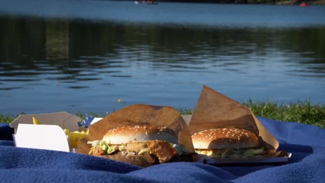 Two-hamburgers-with-french-fries-in-paper-boxes-sitting-on-a-blue-blanket-by-the-lake