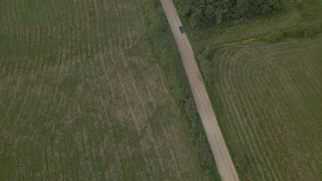 Aerial-pan-up-on-car-driving-along-straight-dirt-road-between-green-farm-fields
