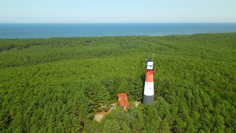 Aerial-flight-over-Stilo-lighthouse-in-forest-trees-near-ocean-on-blue-sky-day