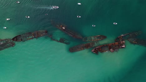 Aerial:-Tangalooma-shipwrecks-Moreton-Island-Australia,-top-down-view