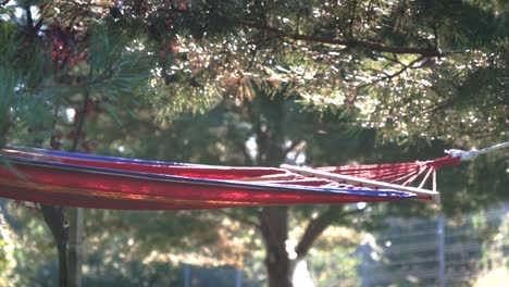 Bright-Sunlight-Striking-On-The-Red-Hammock-Tied-And-Hanged-On-The-Tree-In-Summer